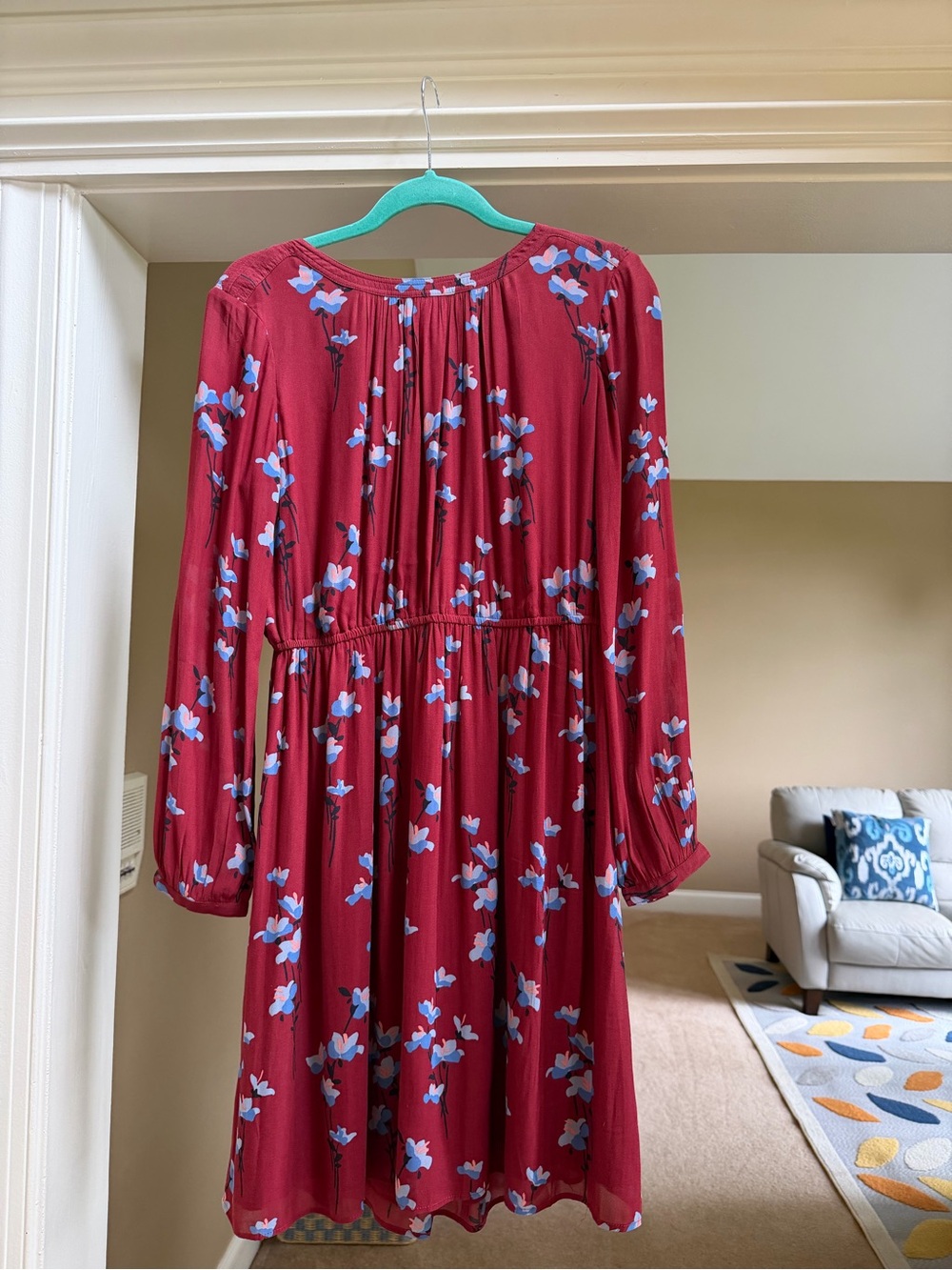 LOFT Women's Red Floral Long-Sleeve Waist-Defined Dress